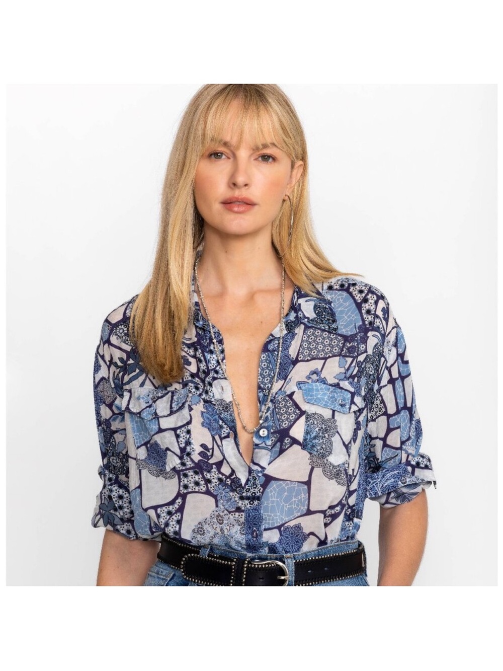 Johnny Was Moonlight Leya Blue Patchwork Print Button-Down Shirt